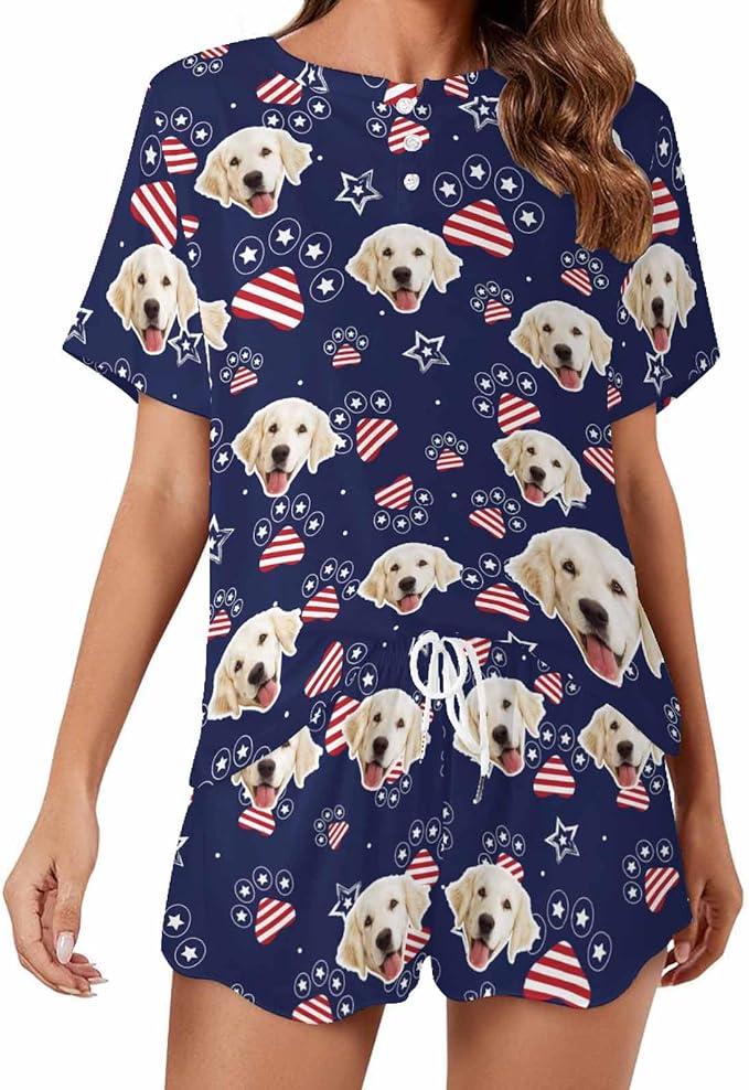 D-Story Custom Short Pajama Set with Pet Face Personalized Photo Sleepwear 2 Pieces Pjs Nightwear Xmas Gift for Women
