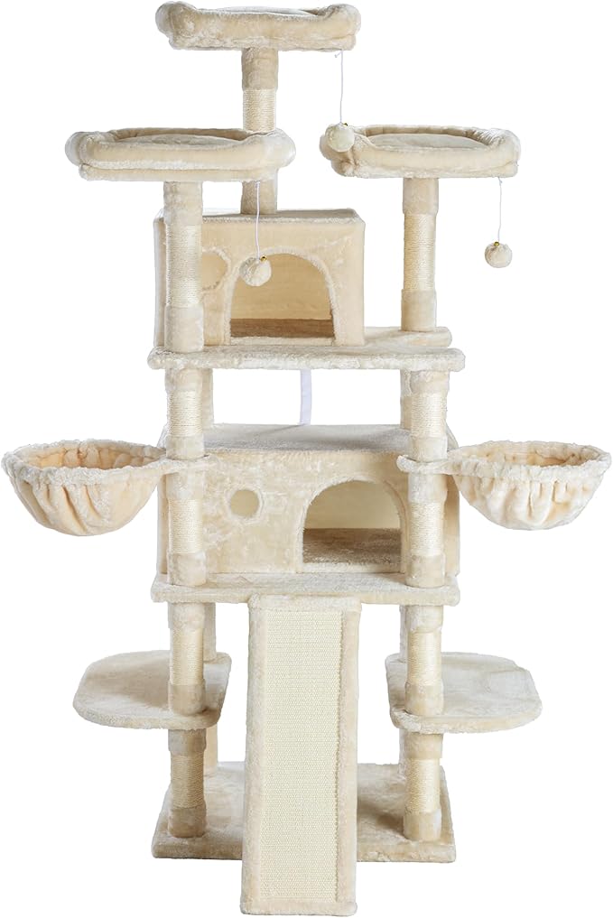 SHA CERLIN 68 Inches Multi-Level Large Cat Tree for Large Kitties/Big Cat Tower with Condo/Cozy Plush ‌Pussycat Perches/Sisal Scratching Posts and Hammocks/Activity Center/Beige