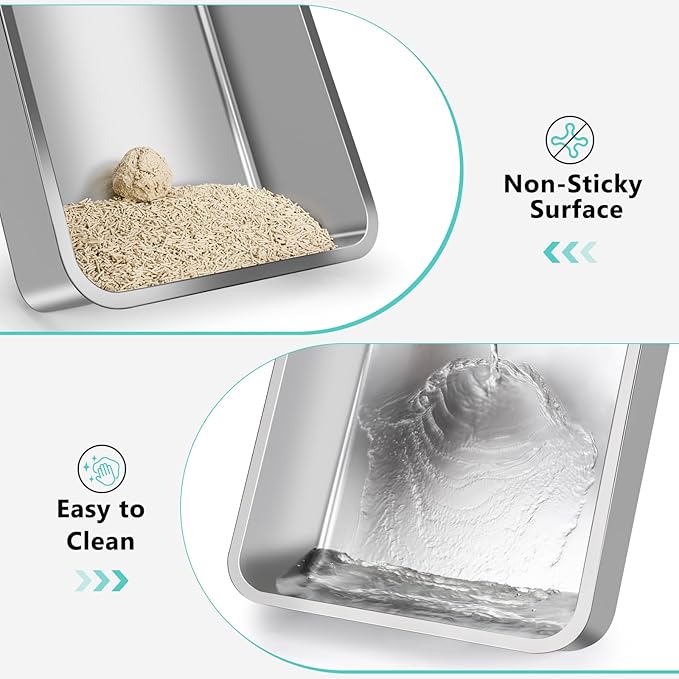 Stainless Steel Litter Box | XL Enclosed Cat Litter Boxs with Lid for Big Cats | High Sided, Anti-Urine Leakage | Non-Stick Bottom & Includes Scoop