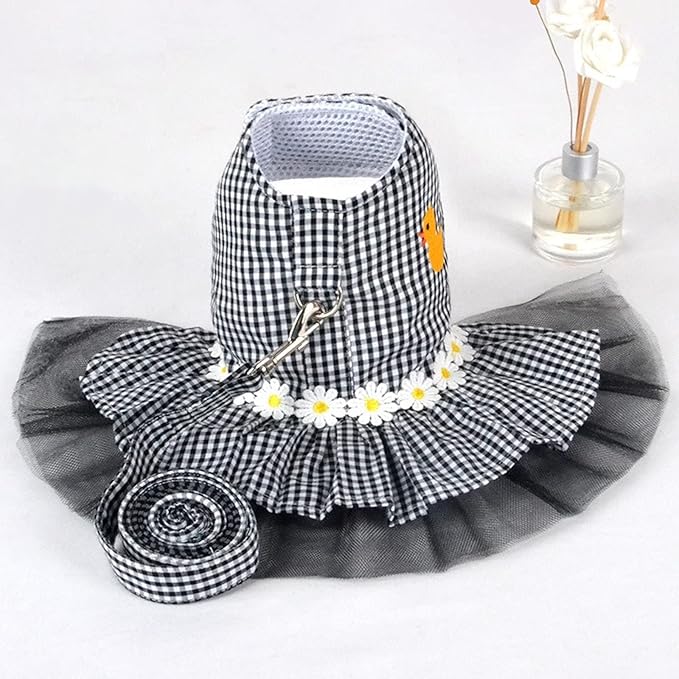 Small Dog Dress with Leash Set Adjustable Dog Harness Dress with D Ring Breathable Walk Doggie Outfits for Puppy Girl and Cat (S,Black)