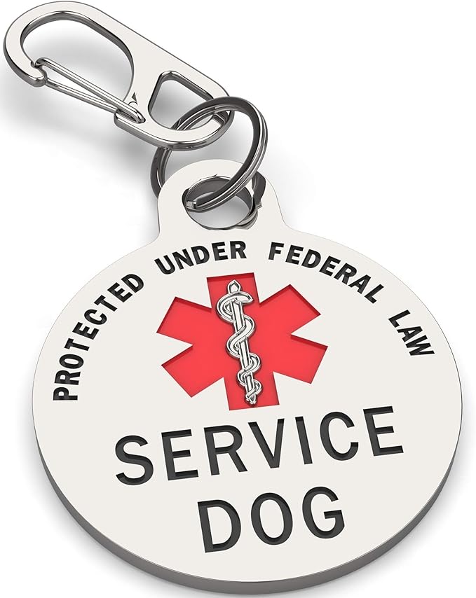 Service Dog Tag Double Sided with Federal Protection & Red Medical Alert Symbol | 1.25 Inch Durable Pet ID Tags | Easily Attach to Collar, Harness, Vest | Service Dog Identification Tag