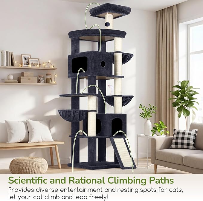 Globlazer Heavy Duty Cat Tree, 83 Inch Giant Cat Tower with 7 Scratching Posts, Multi-Level Large Cat Condo for Indoor Cats Large Adult, 2 Perchs, 3 Sturdy Hanging Baskets, Cat Toys, F83C, Dark Grey