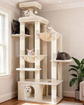Heybly Cat Tree, 71-Inch Tall Cat Tower for Large Maine Coon Cats with Extra-Large Baseboard, Cat Condo Furniture with Multi-Level Platforms, 2 Hammocks and 12 Scratching Posts, Beige HCT037M
