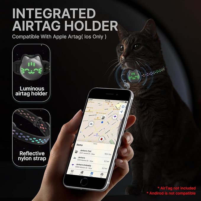 Waterproof Airtag Cat Collar, Breakaway Cat Airtag Collar with Luminous & Reflective Fish Pattern, Lightweight Kitten Collars for Apple Air tag, Hidden GPS Tracker Holder for Cats, Kittens(9-13")