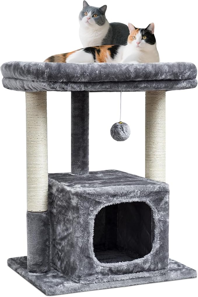 SYANDLVY 27IN Cat Tree for Indoor Cats Large Adult, Modern Activity Tower with Scratching Posts, Condo with Plush Perch, Climbing Stand with Spring Ball for Play, Grey