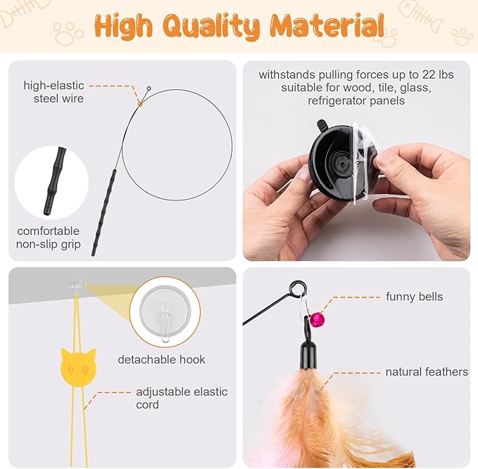 Depets Cat Wand Toy, 15 Pcs Interactive Cat Feather Toys for Indoor Self Play & Exercise, 2 Play Modes Kitten Teaser Wand, Reusable Suction Cup Kitten Toys