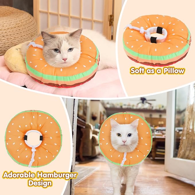 BEAUTYZOO Cat Cone Collars Soft, Cat Recovery E Collars After Surgery to Stop Licking, Adjustable Elizabeth Circle Collar Cute Pet Donut Pillow for Cats Kitten Small Dogs, Hamburger S