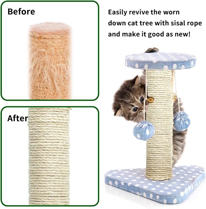 White Sisal Rope 1/6 Inch by 164-Feet for Cat Scratching Post Tree Tower Replacement Repair and Replace, DIY Hemp Twine Rope for Kittens Shelves Furniture Window Bed Perch House Climbing, 4mm by 50m