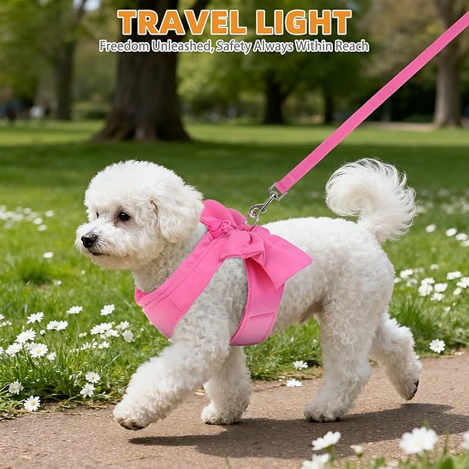 KOOLTAIL Cute Cat Harness and Leash Set with Bowtie, Small Dog Vest Harnesses for Girl Outfit, Step in No Pull Soft Mesh Padded Adjustable Pet Harness for Extra-Samll Medium Puppy Kitten, Pink XS