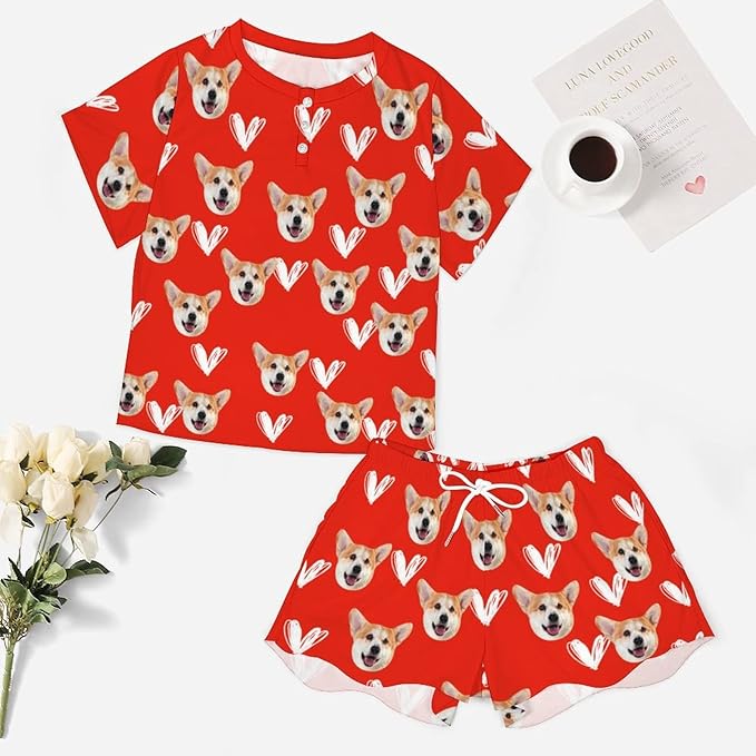 D-Story Custom Short Pajama Set with Pet Face Personalized Photo Sleepwear 2 Pieces Pjs Nightwear Xmas Gift for Women