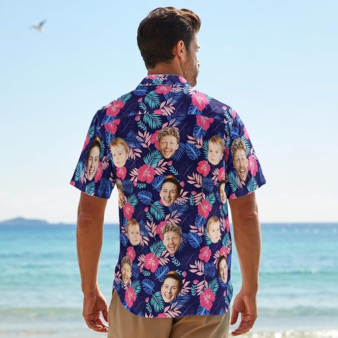 Custom Hawaiian Shirt with Face for Men, Unisex Tropical Beach Shirts Personalized Casual Funny Hawaii Button Down Shirts