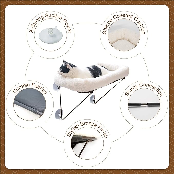 Zakkart Cat Window Perch - 100% Metal Supported from Below - Comes with Warm Spacious Pet Bed - Cat Window Hammock for Large Cats & Kittens - for Sunbathing, Napping & Overlooking (White)