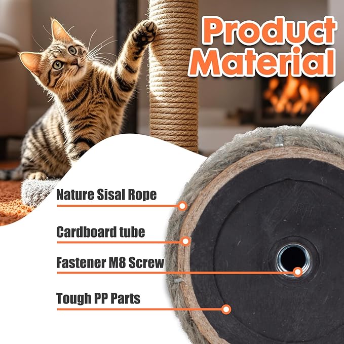 PowerKing Natural Sisal Replacement Scratching Post, 4 Pieces M8 Cat Scratch Post Refill Pole Parts for Refurbishment, White, Include Screws (Nature-15.7''+15.7''+7.87''+7.87'')