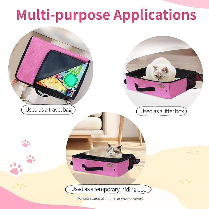 Deblue Portable Cat Travel Litter Box in Car, Collapsible Cat Litter Carrier with Lid, Waterproof Foldable Litter Box for Outdoor Fit for Large Cats, Leak-Proof, Sturdy, Lightweight-Pink