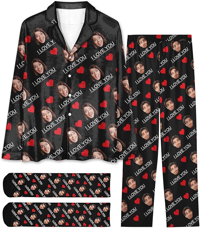 Custom Face Pajamas for Women Men,Personalized Dog Cat Pet Pajamas Set,Christmas Long Sleeve Sleepwear Pjs