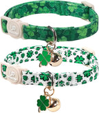Cat Collar,2Pack St.Patrick's Day Cat Collars Cute Breakaway Kitty Collars,Spring Green Shamrock Cat Collar with Bell, Lucky Clover Kitten Collars with Safety Buckle for Girl & Boy Cats