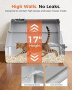 GTPLAYER XXXL Stainless Steel Cat Litter Box with Lid, Dual-Entry Enclosed Litterbox (Front Entry & Top Exit), High-Sided, Non-Stick, Odor Control, for Big Cats, with Mat, Scoop & Step, Grey