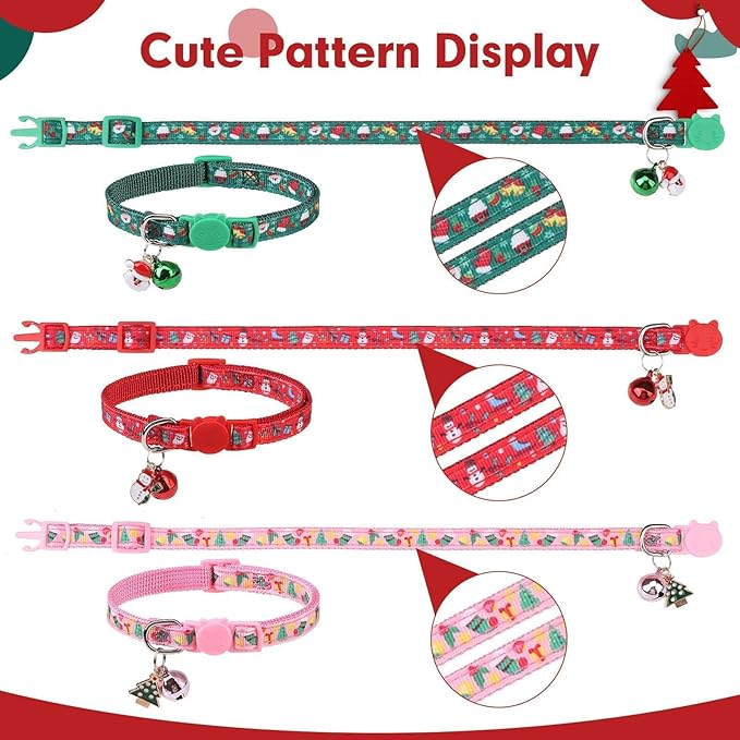 BINGPET Cat Collar, 3 Pack Adjustable Breakaway, Cute Kitty Collars with Bell, Christmas, for Girl Boy Cats & Small Pets
