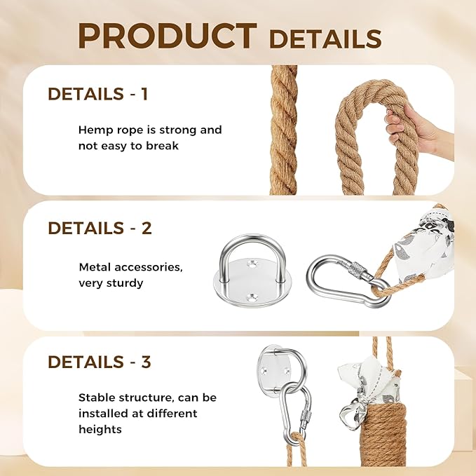 Weysat 1.97'' x 6.7 ft Cat Climbing Jute Rope with Hook Ceiling Wall Mounted Kitten Scratching Post Climbing Rope Toy for Indoor Outdoor Cats