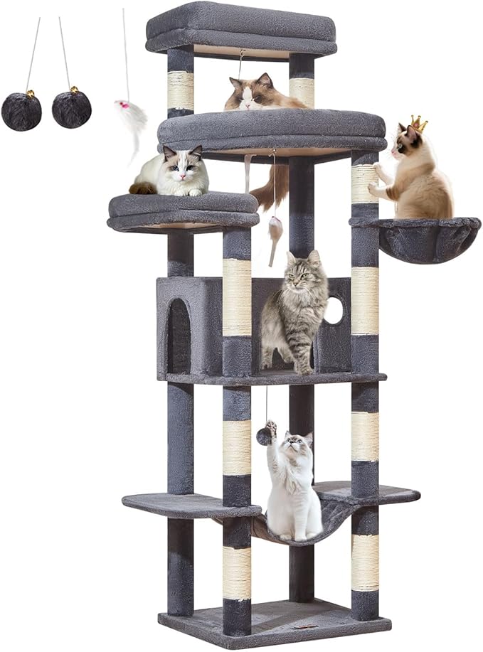 Taoqimiao 71 Inches Cat Tree for Large Cats 20lbs+, 3 Giant Perches, Multi-Level Cat Tree Tower, Widened Cat Condo with 9 Scratching Posts, Luxurious Hammcock & Basket, Smoky Gray, MS034G