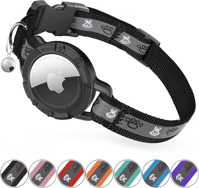 Reflective AirTag Cat Collar, Integrated Cat Tracker Collar with Air Tag Holder and Bell, Safety Elastic Band Cat GPS Collars for Girl Boy Cats, Kittens and Puppies (Black, S)