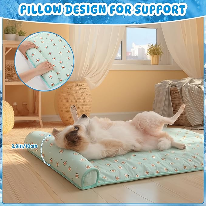 4 Pack Cooling Dog Mats with Supportive Pillow 23.6" x 31.5" Self Cooling Dog Pads Ice Silk Washable Pet Cool Mat Summer Cat Sleeping Pad with Storage Bag for Crate Bed Floor (Large, Green)