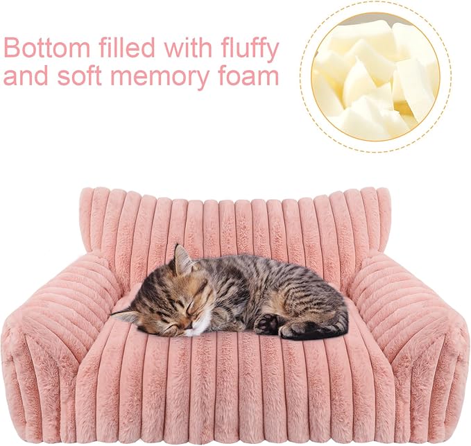 Cute Cat Couch Bed for Indoor Cats, Fluffy Pet Cat Sofa with Premium Soft Corduroy Fleece, Cute Small Dog Beds for Small Dogs, Fuzzy Puppy Chair with Removable Washable Cover (24x18x10,Pink)