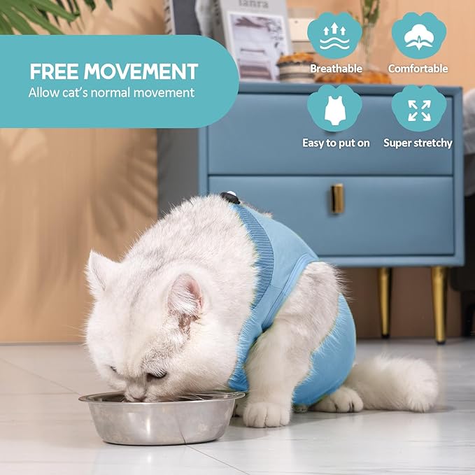 Avont Cat Recovery Suit - Kitten Onesie for Cats After Surgery, Cone of Shame Alternative Surgical Spay Suit for Female Cat, Post-Surgery or Skin Diseases Protection -Blue(S)
