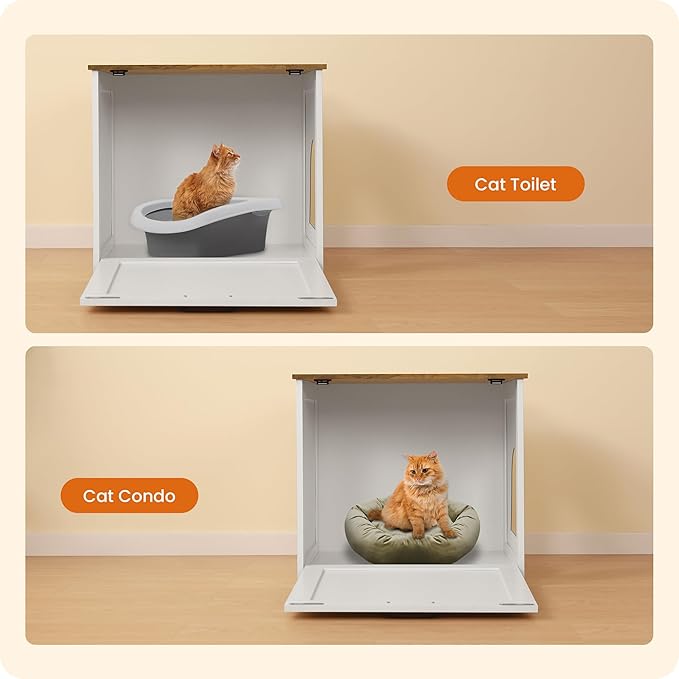 Dwanton Cat Litter Box Furniture Hidden, Cat Litter Box Enclosure, Reversible Entrance Can Be on Left or Right Side, Indoor Cabinet, Wooden Washroom, End Table, White and Warm Brown, 23.6" L