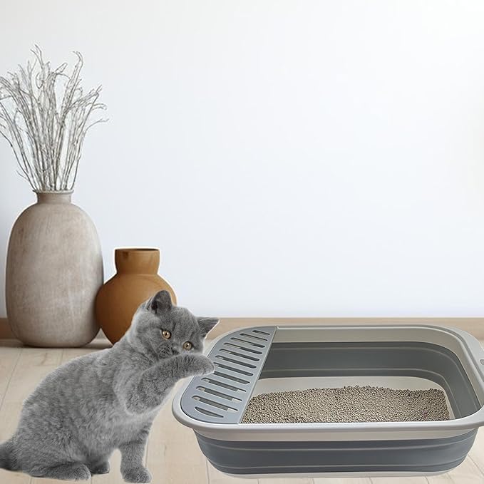 Senior Cat Litter Boxes, Collapsible Open Low Entry Cat Litter Pan with Scoop Travel Kitten Potty Foldable Pet Toilet for Sick Disabled Older Elderly Cats Grey 20.9x15.7x5.7 inch