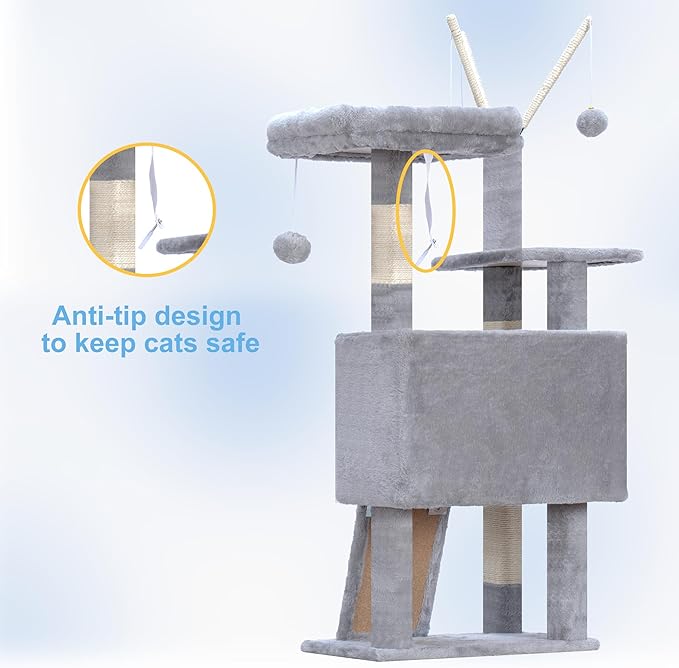 Hey-brother Cat Tree Tower, Scratching Posts with Removable Toys, Cozy Condo, Platform, Hammock, Sisal Scratch Board and Ball for Indoor Kittens, 41.3 Inches, Light Gray MPJ008SW