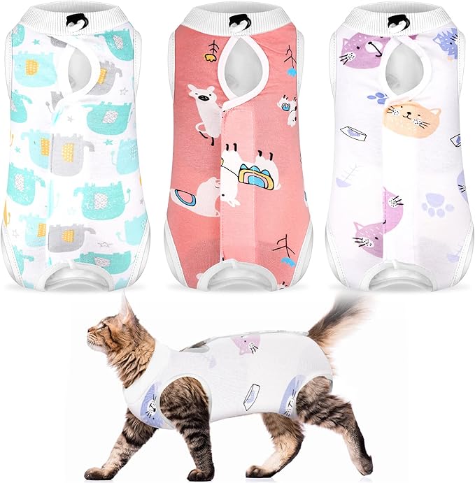 Nuanchu 3 Pieces Cat Recovery Suit Kitten Recovery Suit E-Collar Alternative for Cats and Dogs Abdominal Skin Anti Licking Pajama Clothes Sets(Medium,Cute Style,Colorful)