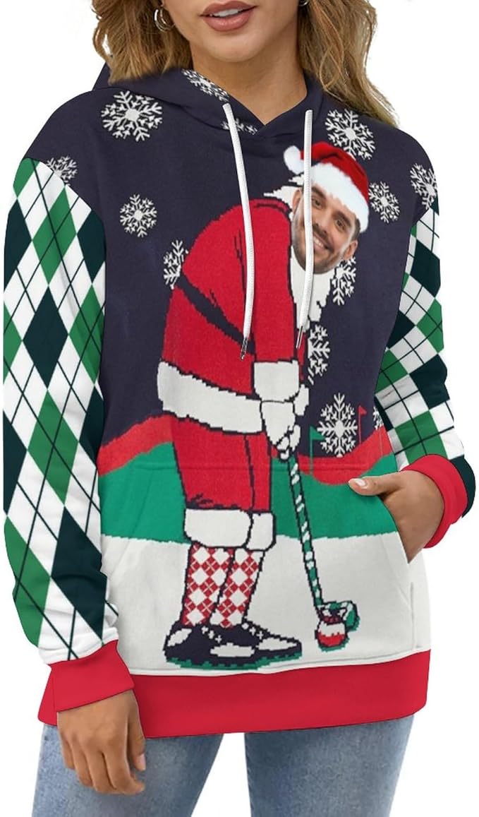Artsadd Custom Face Unisex athletic Pockets Sweatshirt Loose Hoodie Custom Christmas Long Sleeve Sweatshirt Hooded Pullover
