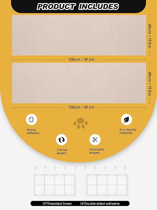 2PCS 39.4"x15.8" Cat Scratch Mat, Trimmable Self-Adhesive Carpet, DIY Climb Cat Scratcher for Furniture Couch or Wall Protector, Covering Cat Scratching Post Replacement Pads (Beige)