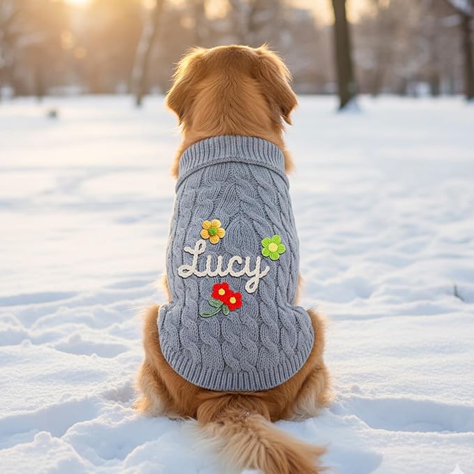 Personalized Dog Winter Sweater with Hand Embroidered Name Custom Pullover Winter Clothes for Dogs Cats Soft Pet Clothes for Small Medium Large Dog Christmas Birthday Gifts for Pet Lover