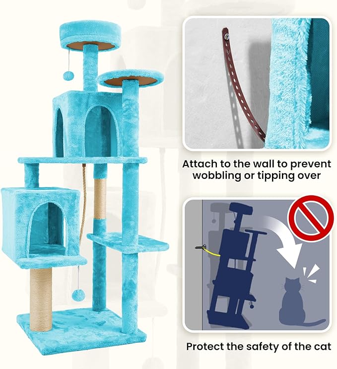 58.5inch Large Cat Tree Tower Condo for Indoor Cats, Soft Plush Multi-Level Climbing Tree Cat House, Scratching Post, More Entrance/Exit, Sisal Rope, Peacock Blue