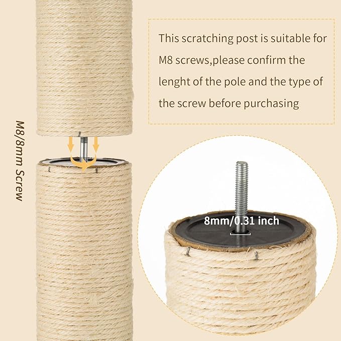 2 Root Cat Scratching Post Replacement 17.72x3.54 Cat Tree Scratch Post Replacement Natural Sisal Pole Cat Scratch Post Refill Pole Part with M8 Screws for Kitten Tree Tower Cat Furniture Accessories