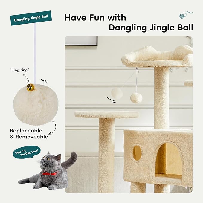 DUMOS 54-inch Indoor Cat Tree Tower –Multi-Level Pet House for Large Cats with 2 Condos, Scratching Posts, Round Platform, Small Ladder, and Toys, Beige