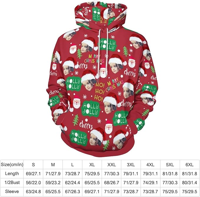 Artsadd Custom Face Unisex athletic Pockets Sweatshirt Loose Hoodie Custom Christmas Long Sleeve Sweatshirt Hooded Pullover