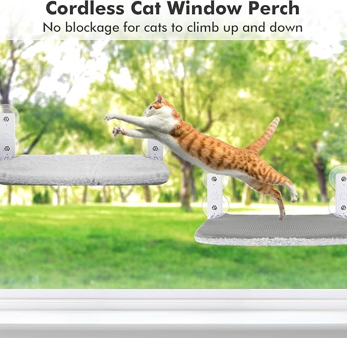 AMOSIJOY Cordless Cat Window Perch, Cat Hammock for Wall with 4 Suction Cups, Solid Metal Frame and Reversible Cover, Foldable Cat Beds for Indoor Cats