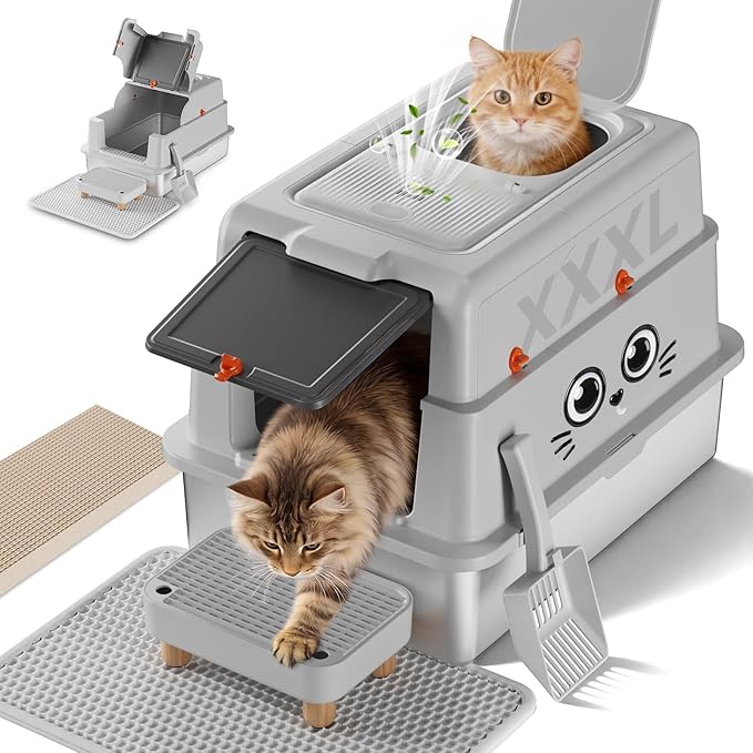 GTPLAYER XXXL Stainless Steel Cat Litter Box with Lid, Dual-Entry Enclosed Litterbox (Front Entry & Top Exit), High-Sided, Non-Stick, Odor Control, for Big Cats, with Mat, Scoop & Step, Grey