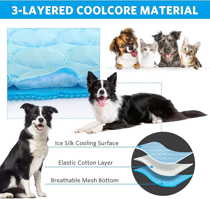 Mannice Dog Cooling Mat, Pet Cooling Mat for Dogs Cooling Blanket for Dogs Dog Cooling Pad for Kennels, Crates, Cars, Indoor & Outdoor Ice Silk Cooling Mat for Extra Large Dogs (Blue, L(28 * 22"))