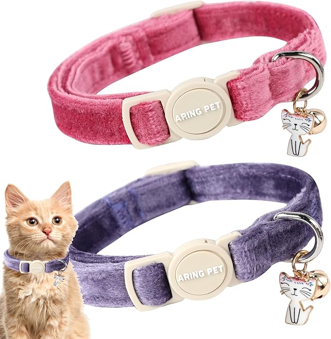 ARING PET 2 Pack Cat Collars-Cute Breakaway Cat Collar with Bell & Pendant, Adjustable Velvet Purple&Rose Red Kitten Collars with Safety Buckle for Girl and Boy Cats
