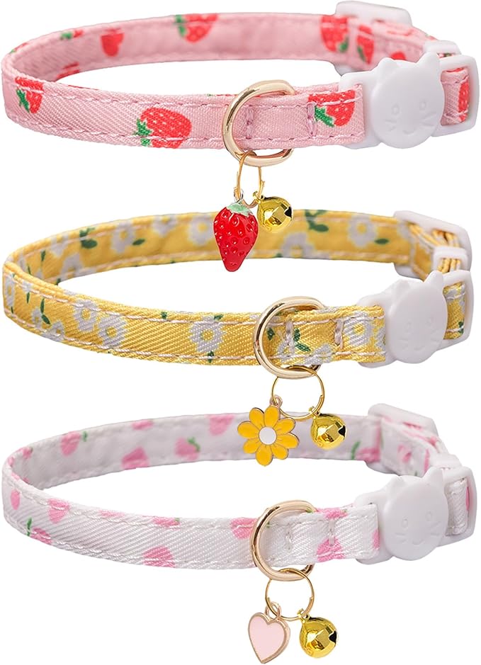 Cat Collar Breakaway with Bells,3 Pack Safety Adjustable Pet Collars,Ideal for Girl Boy Kittens. (White Yellow Pink)