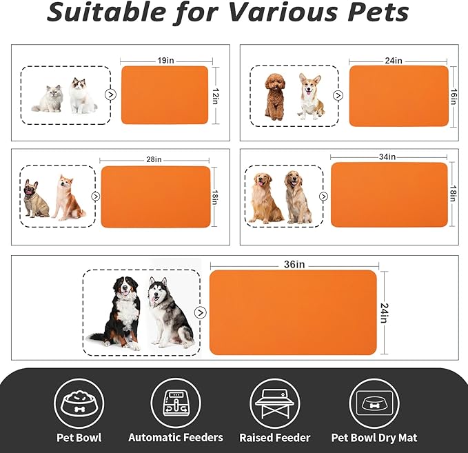Dog Food Mat - Absorbent Cat Mat for Food and Water, No Stains Pet Feeding Bowl Mat, Easy to Clean Pet Placemats, Quick Dry Dog Water Dispenser Mat for Messy Drinkers | Orange 18"x 28"