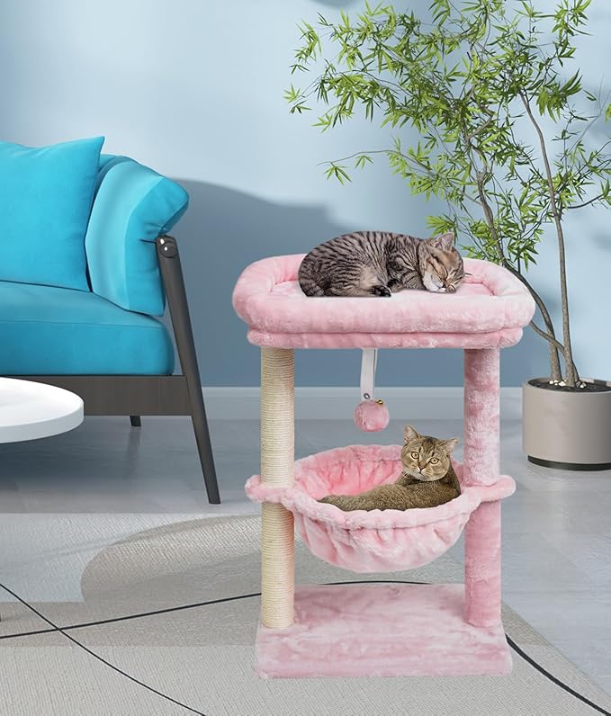 SYANDLVY Small Cat Tree for Indoor Cats, Activity Cat Tower with Scratching Post for Kittens, Modern Cat Furniture with Basket & Hanging Ball for Play Rest, Pink
