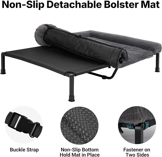 Veehoo Elevated Dog Bed Large Sized with Fluffy Plush Bolster Cushion, Washable Orthopedic Dog Couch Bed, Cooling Raised Pet Cot with Removable Mat, Breathable Mesh, No-Slip Feet, 48 x 37 inches, Grey