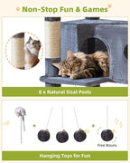 Taoqimiao Cat Tree Tower, 76-Inch Sturdy Cat Tree for Indoor Cats Large Adult Cat Tower with Scratching Posts，2 Condos, 2 Perches, 2 Large Hanging Baskets, Soft Hammock, MS046G Smoke Gray