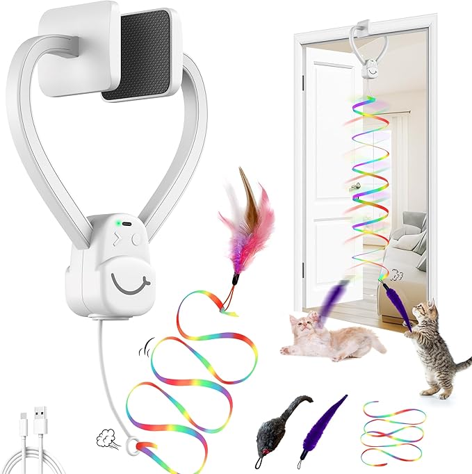 Interactive Cat Toys for Indoor Cats,Automatic Hanging Electric Cat Teaser Door Frame & Doorway,Flying Bird Feather Mouse Wand Enrichment Chase Toy,Safe Self Play for Bored Multi Cats Households