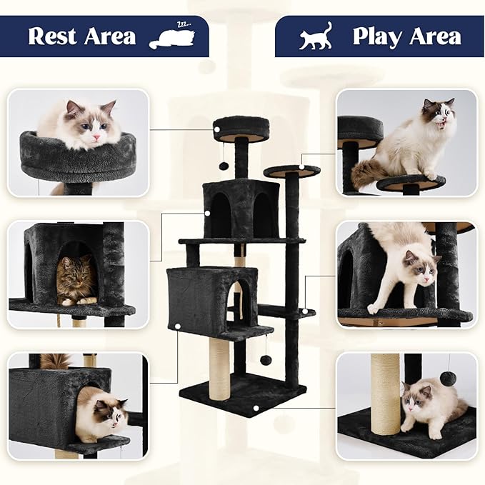 58.5inch Large Cat Tree Tower Condo for Indoor Cats, Soft Plush Multi-Level Climbing Tree Cat House, Scratching Post, More Entrance/Exit, Sisal Rope, Black